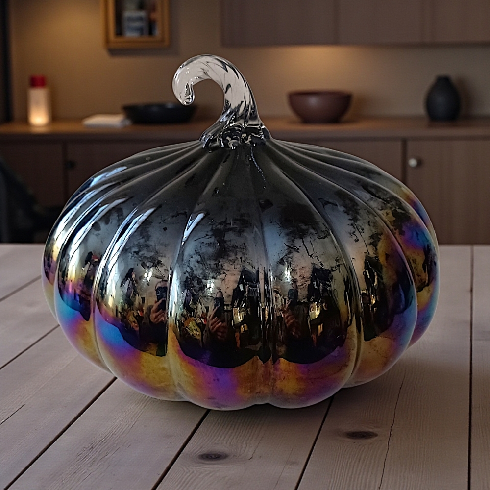 Glass Iridescent Halloween Pumpkin Carnival Hand Blown Stem Purple Black Harvest